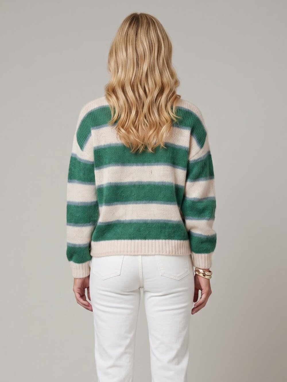 Women's Green White Striped Knit Sweater Long Sleeve Crew Neck Colorblock - Picture 2 of 6